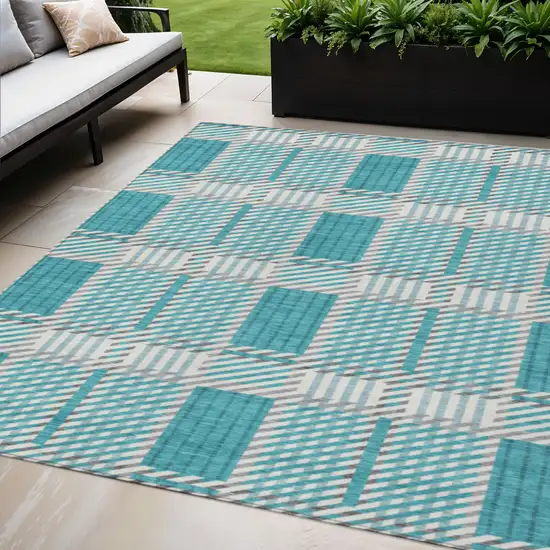 Teal Blue Gray And Ivory Plaid Washable Indoor Outdoor Area Rug Photo 1