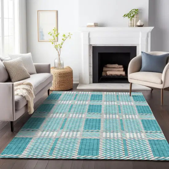 Teal Blue Gray And Ivory Plaid Washable Indoor Outdoor Area Rug Photo 9
