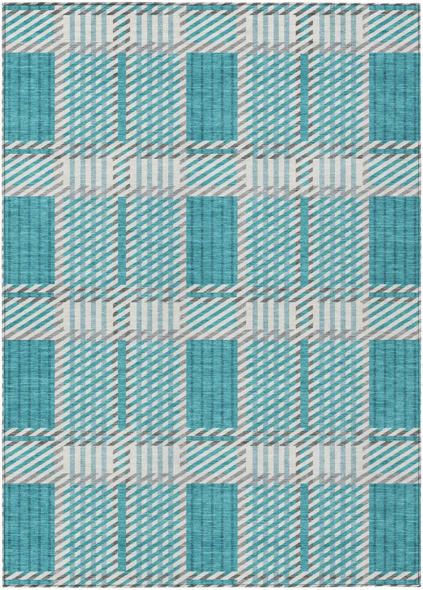 Teal Blue Gray And Ivory Plaid Washable Indoor Outdoor Area Rug Photo 2