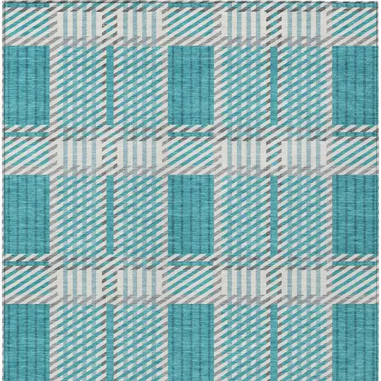 Teal Blue Gray And Ivory Plaid Washable Indoor Outdoor Area Rug Photo 7