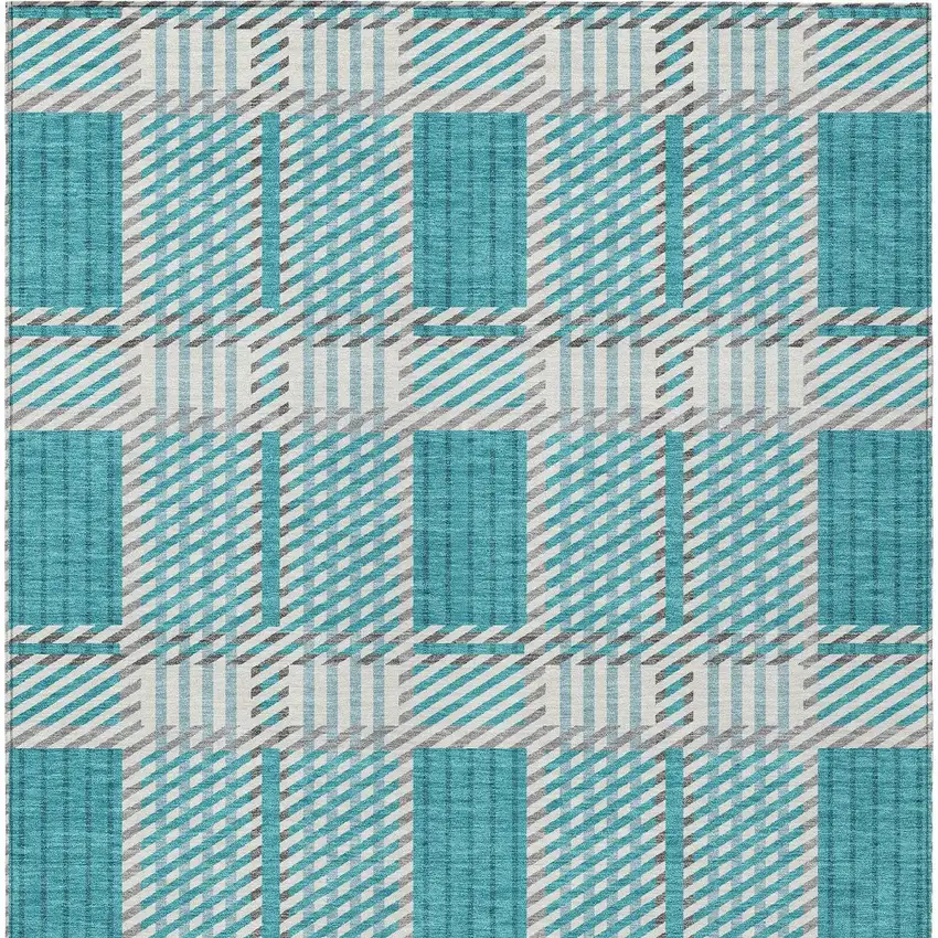Teal Blue Gray And Ivory Plaid Washable Indoor Outdoor Area Rug Photo 7