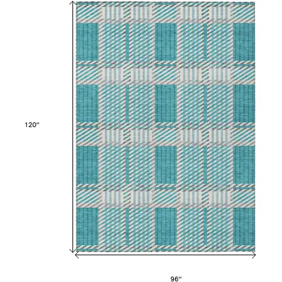 Teal Blue Gray And Ivory Plaid Washable Indoor Outdoor Area Rug Photo 3