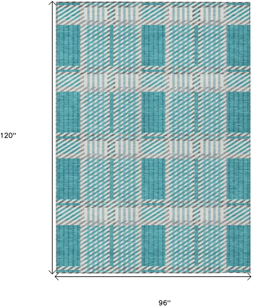 Teal Blue Gray And Ivory Plaid Washable Indoor Outdoor Area Rug Photo 3