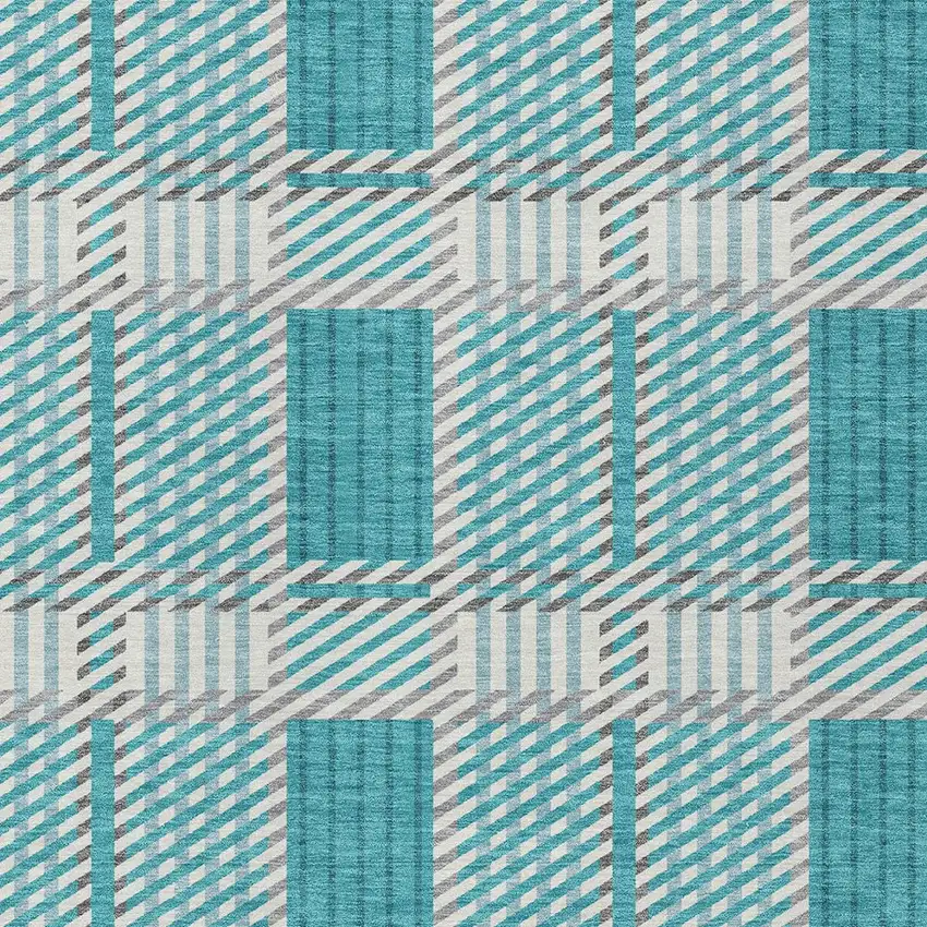 Teal Blue Gray And Ivory Plaid Washable Indoor Outdoor Area Rug Photo 5