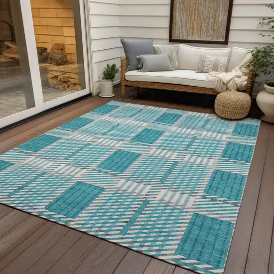 Teal Blue Gray And Ivory Plaid Washable Indoor Outdoor Area Rug Photo 8