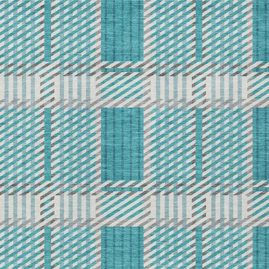 Teal Blue Gray And Ivory Plaid Washable Indoor Outdoor Area Rug Photo 5