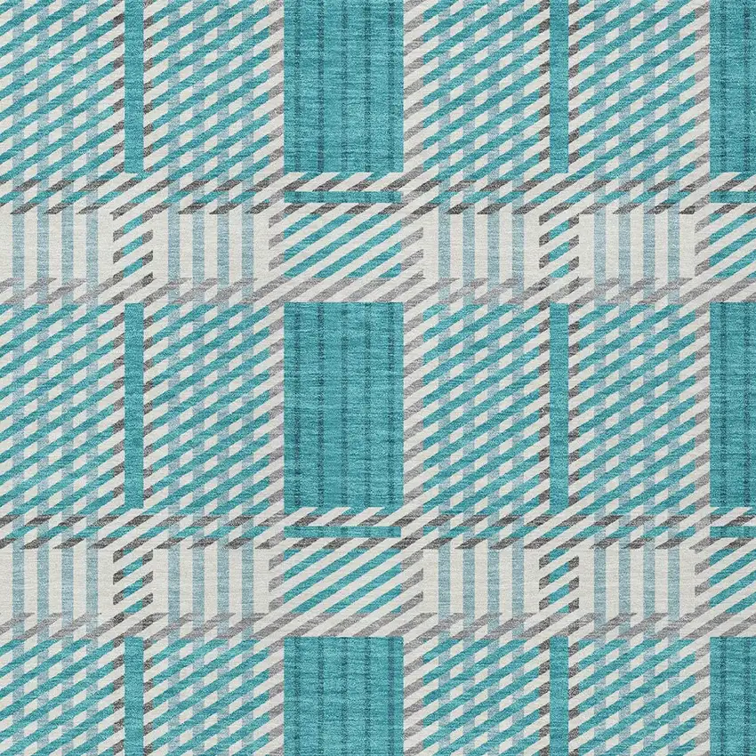 Teal Blue Gray And Ivory Plaid Washable Indoor Outdoor Area Rug Photo 5