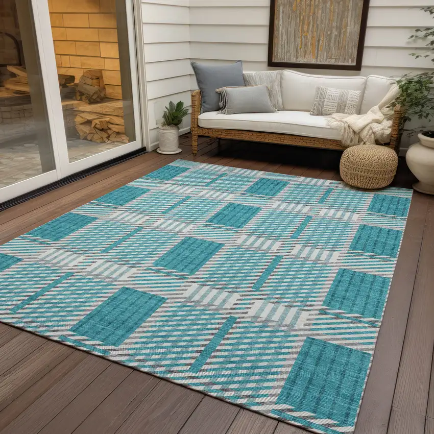 Teal Blue Gray And Ivory Plaid Washable Indoor Outdoor Area Rug Photo 8