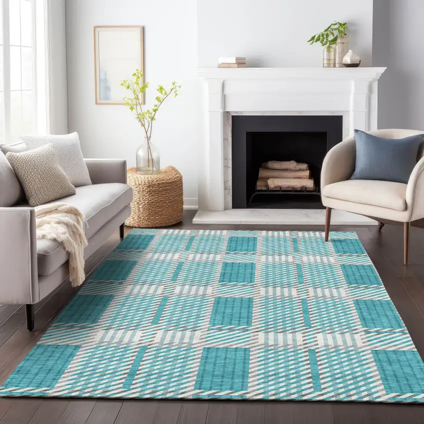 Teal Blue Gray And Ivory Plaid Washable Indoor Outdoor Area Rug Photo 9