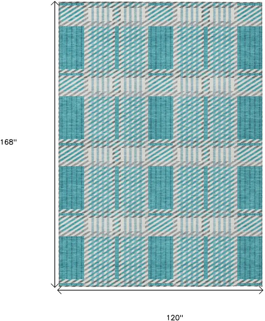 Teal Blue Gray And Ivory Plaid Washable Indoor Outdoor Area Rug Photo 3