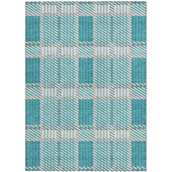 Teal Blue Gray And Ivory Plaid Washable Indoor Outdoor Area Rug Photo 6