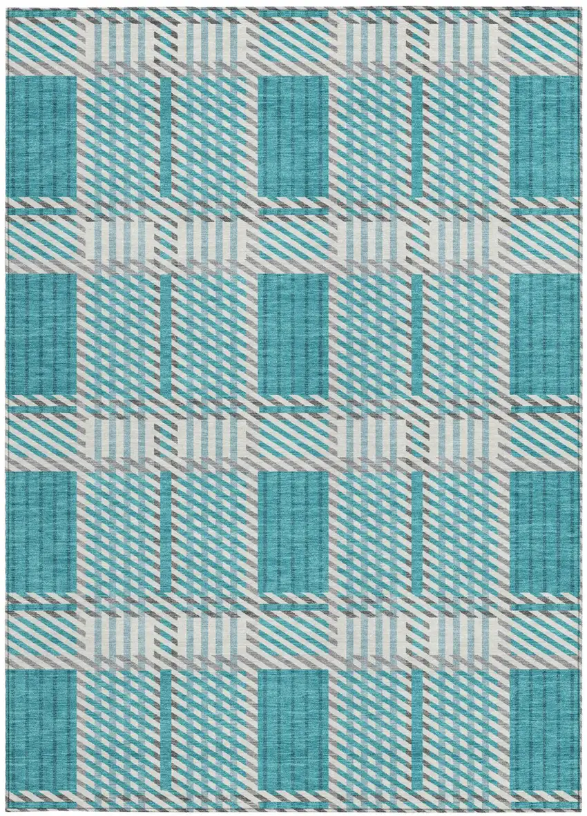Teal Blue Gray And Ivory Plaid Washable Indoor Outdoor Area Rug Photo 6