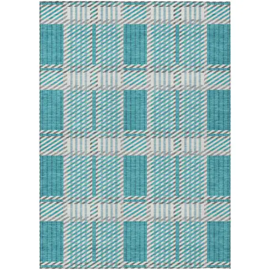 Teal Blue Gray And Ivory Plaid Washable Indoor Outdoor Area Rug Photo 2