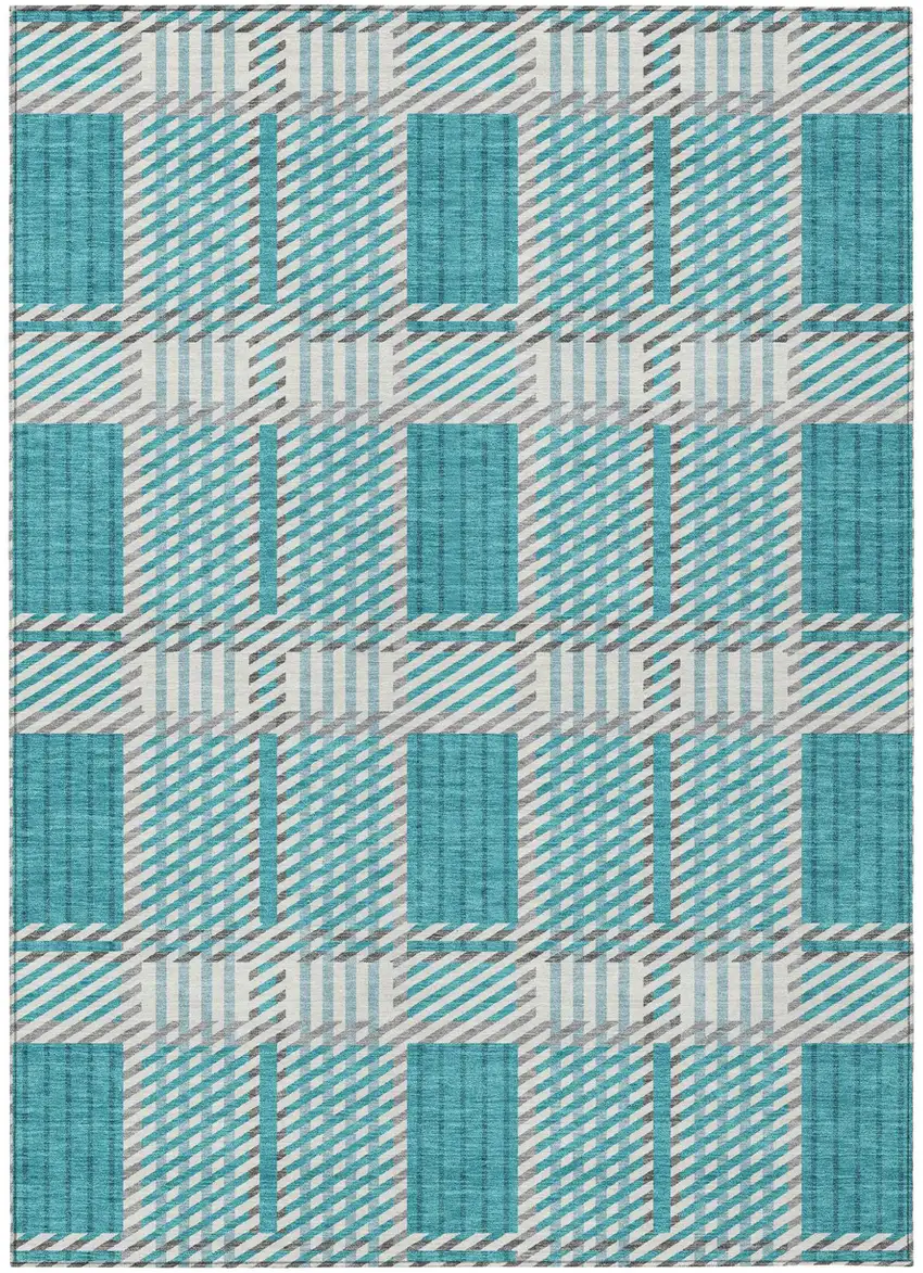 Teal Blue Gray And Ivory Plaid Washable Indoor Outdoor Area Rug Photo 2