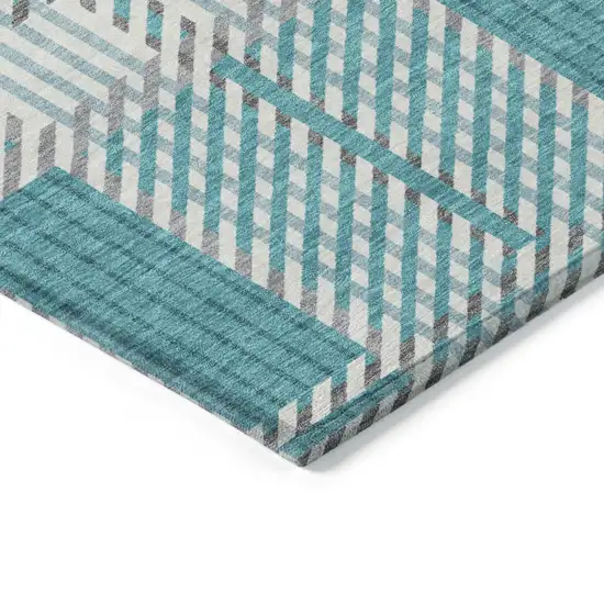 Teal Blue Gray And Ivory Plaid Washable Indoor Outdoor Area Rug Photo 3