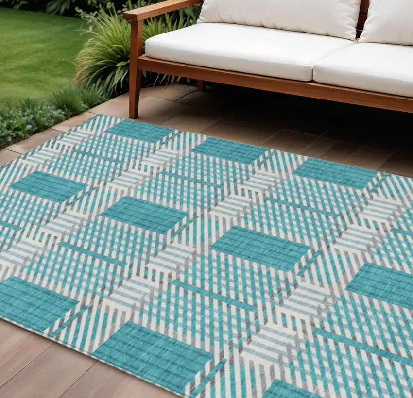 Teal Blue Gray And Ivory Plaid Washable Indoor Outdoor Area Rug Photo 1