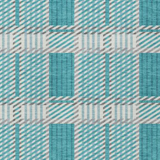 Teal Blue Gray And Ivory Plaid Washable Indoor Outdoor Area Rug Photo 5