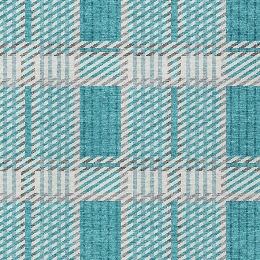 Teal Blue Gray And Ivory Plaid Washable Indoor Outdoor Area Rug Photo 5