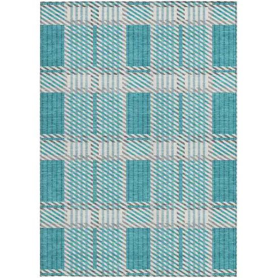 Teal Blue Gray And Ivory Plaid Washable Indoor Outdoor Area Rug Photo 7