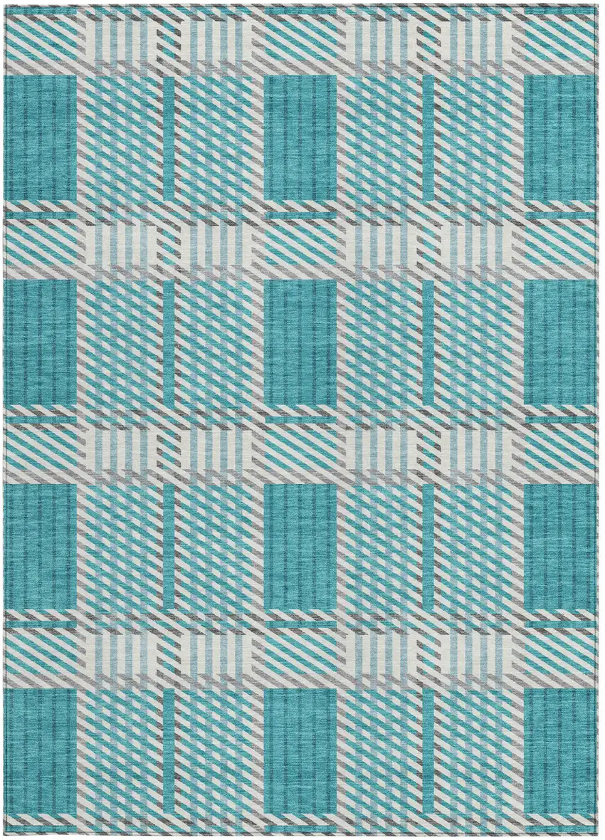 Teal Blue Gray And Ivory Plaid Washable Indoor Outdoor Area Rug Photo 7