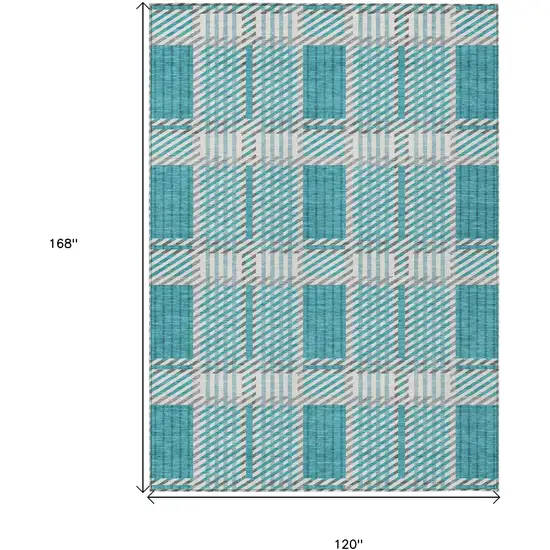 Teal Blue Gray And Ivory Plaid Washable Indoor Outdoor Area Rug Photo 7