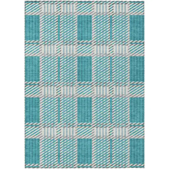 Teal Blue Gray And Ivory Plaid Washable Indoor Outdoor Area Rug Photo 2