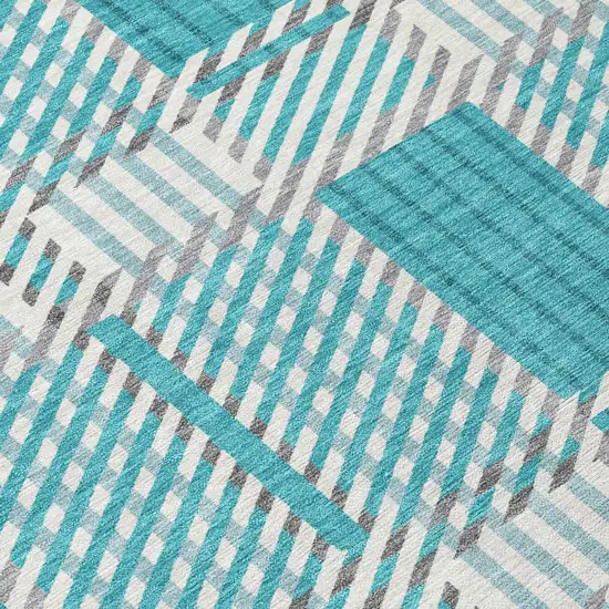 Teal Blue Gray And Ivory Plaid Washable Indoor Outdoor Area Rug Photo 4