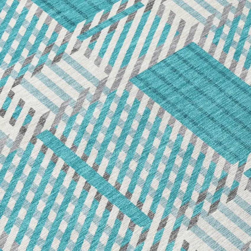 Teal Blue Gray And Ivory Plaid Washable Indoor Outdoor Area Rug Photo 4