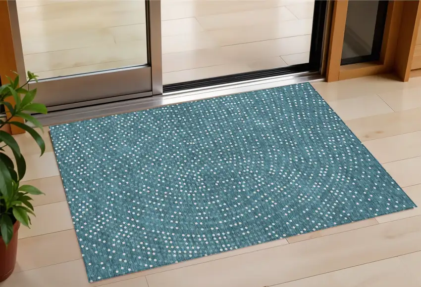 Teal Blue Gray And Ivory Polka Dot Washable Indoor Outdoor Area Rug Photo 1