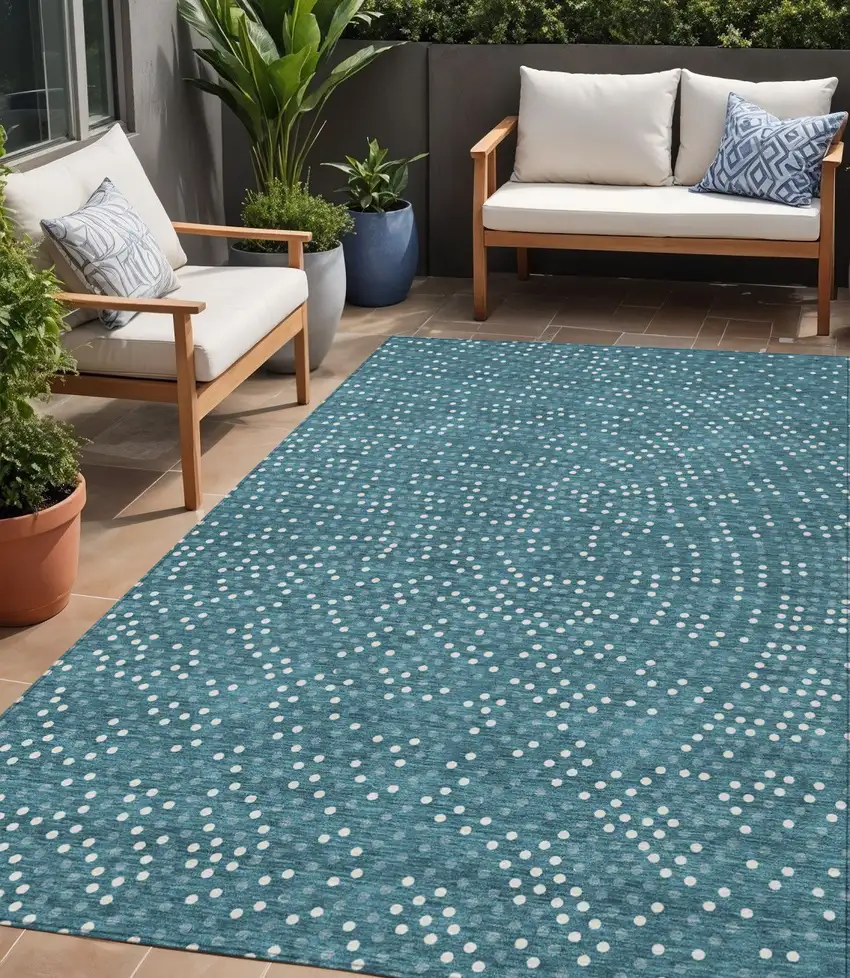 Teal Blue Gray And Ivory Polka Dot Washable Indoor Outdoor Area Rug Photo 1