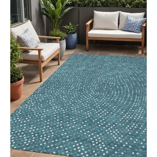 Teal Blue Gray And Ivory Polka Dot Washable Indoor Outdoor Area Rug Photo 1