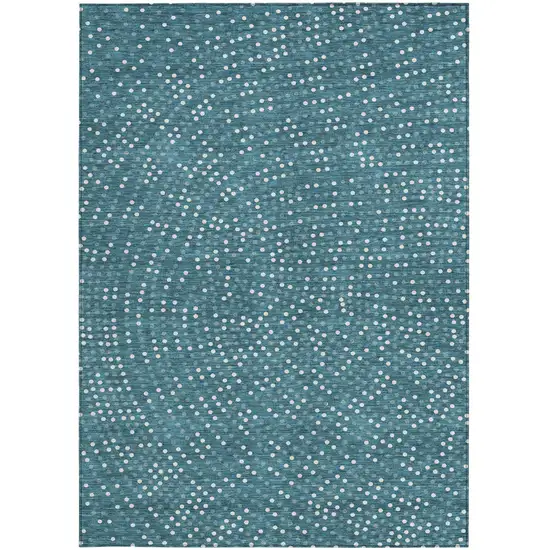 Teal Blue Gray And Ivory Polka Dot Washable Indoor Outdoor Area Rug Photo 6