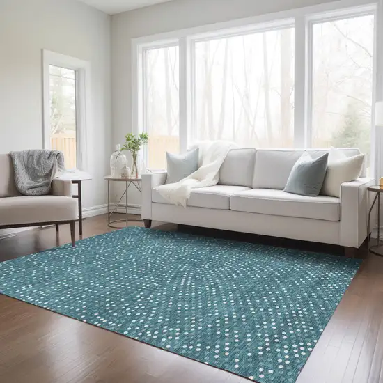 Teal Blue Gray And Ivory Polka Dot Washable Indoor Outdoor Area Rug Photo 9
