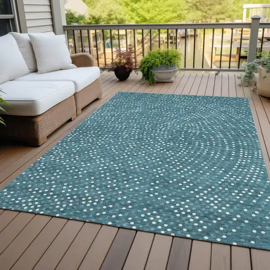 Teal Blue Gray And Ivory Polka Dot Washable Indoor Outdoor Area Rug Photo 7