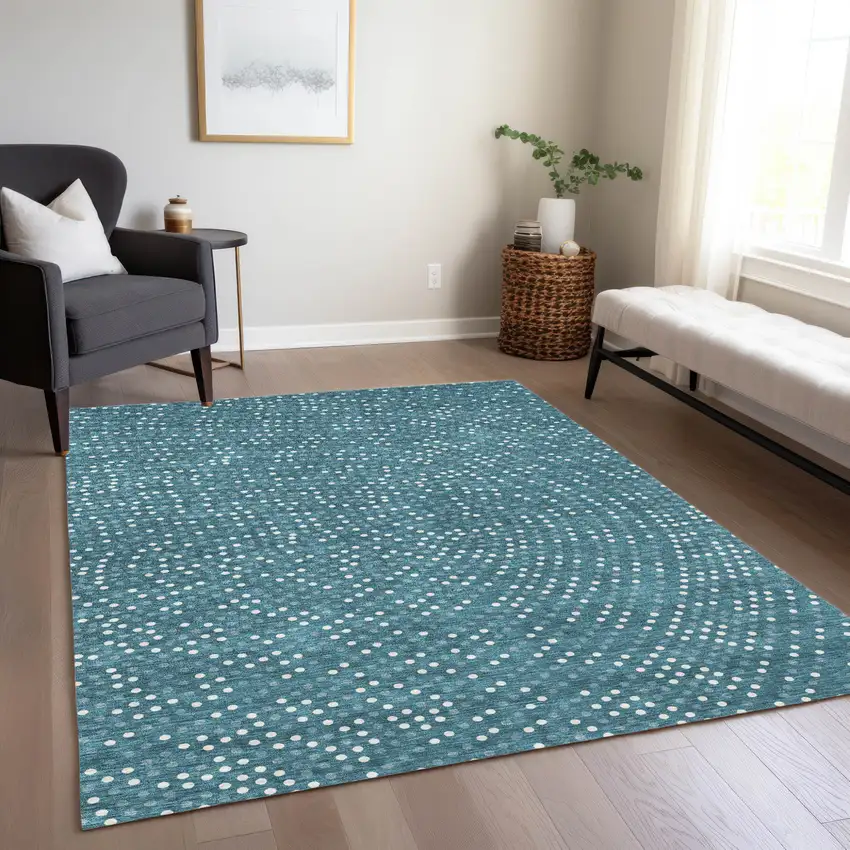 Teal Blue Gray And Ivory Polka Dot Washable Indoor Outdoor Area Rug Photo 9