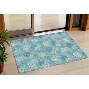 Photo of Teal Blue Gray And Ivory Polka Dot Washable Indoor Outdoor Area Rug