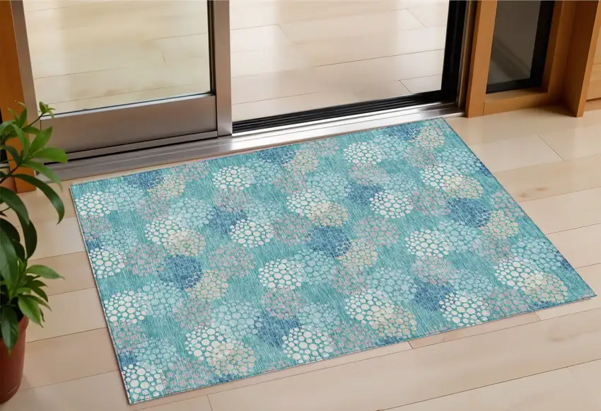 Teal Blue Gray And Ivory Polka Dot Washable Indoor Outdoor Area Rug Photo 1