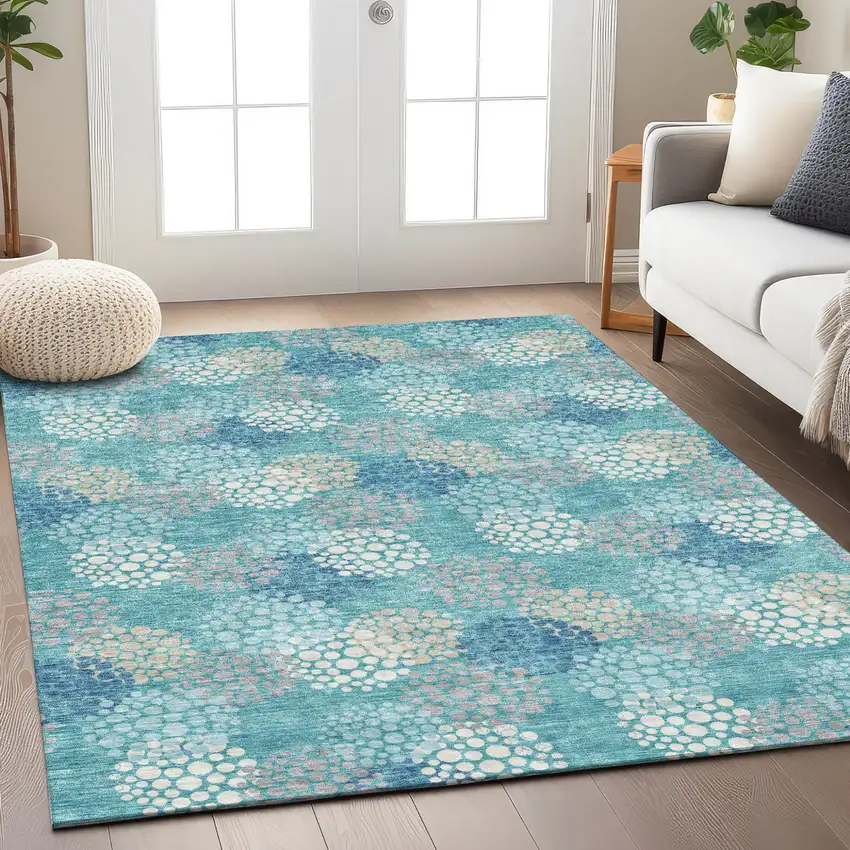 Teal Blue Gray And Ivory Polka Dot Washable Indoor Outdoor Area Rug Photo 9