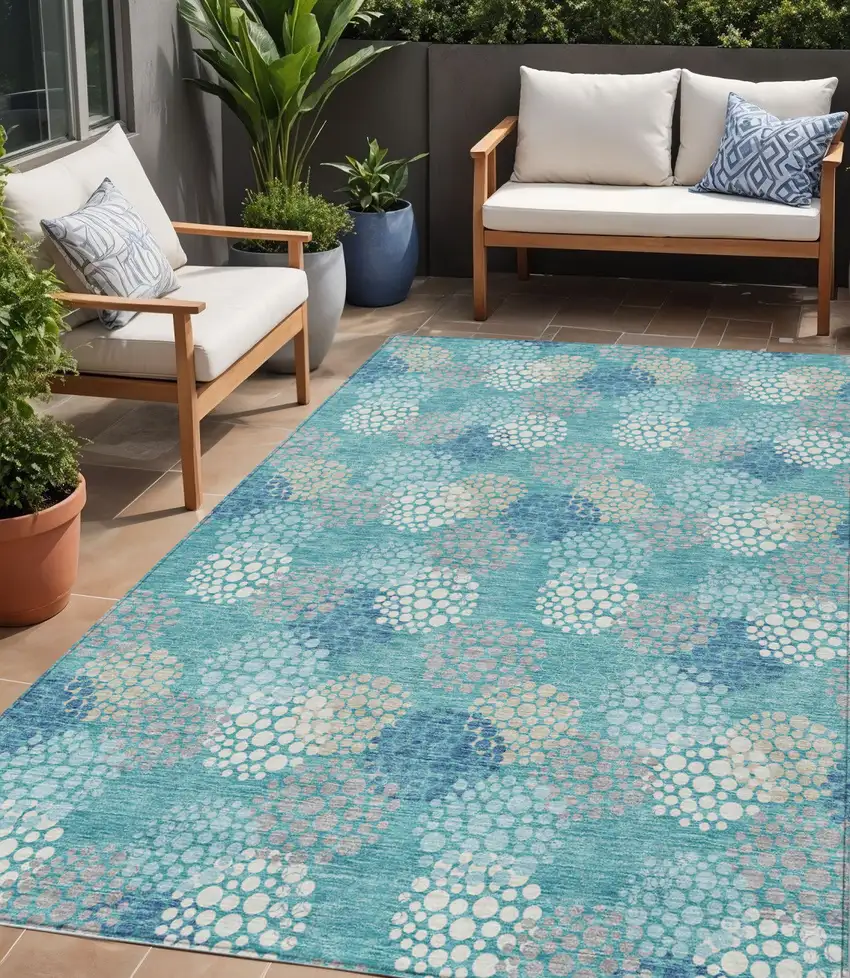 Teal Blue Gray And Ivory Polka Dot Washable Indoor Outdoor Area Rug Photo 1