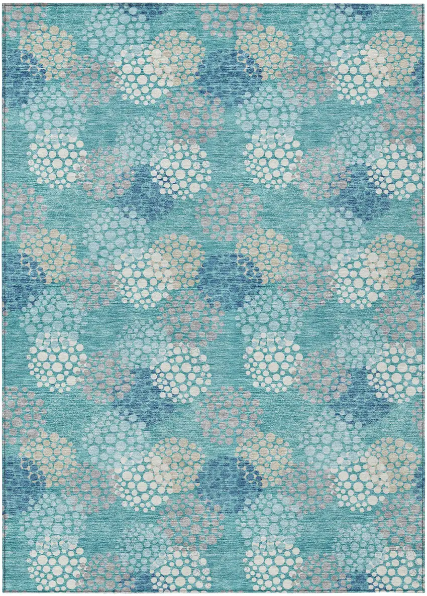 Teal Blue Gray And Ivory Polka Dot Washable Indoor Outdoor Area Rug Photo 2