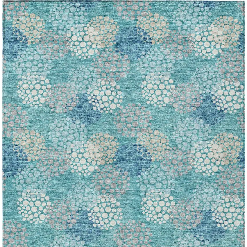 Teal Blue Gray And Ivory Polka Dot Washable Indoor Outdoor Area Rug Photo 8