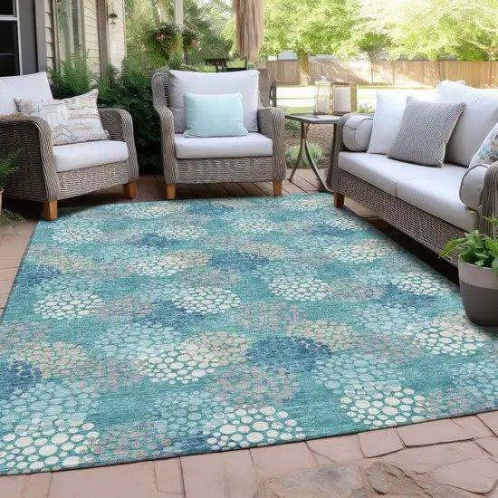 Teal Blue Gray And Ivory Polka Dot Washable Indoor Outdoor Area Rug Photo 9