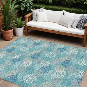 Photo of Teal Blue Gray And Ivory Polka Dot Washable Indoor Outdoor Area Rug