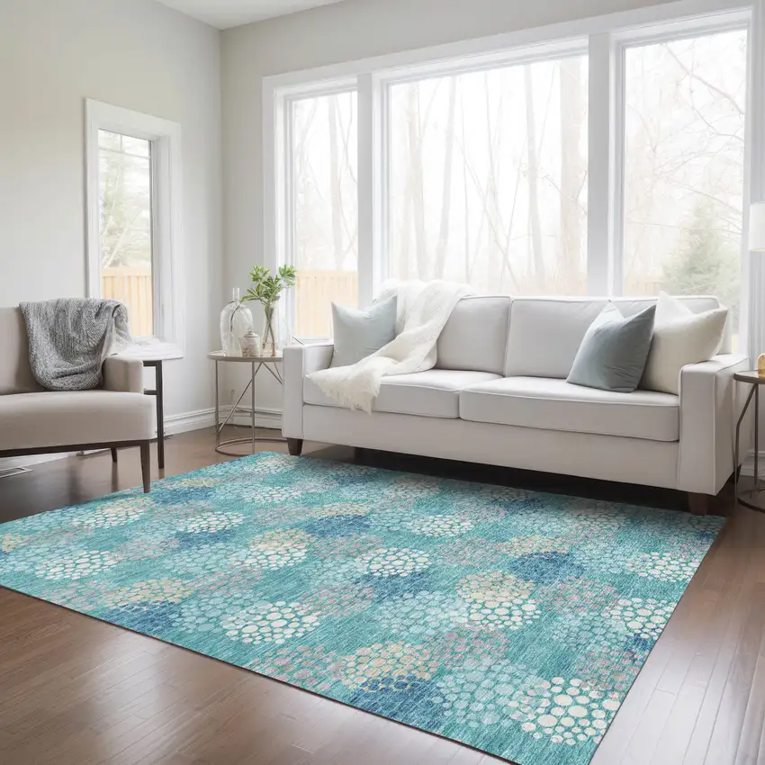 Teal Blue Gray And Ivory Polka Dot Washable Indoor Outdoor Area Rug Photo 9