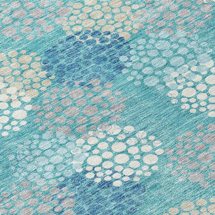Teal Blue Gray And Ivory Polka Dot Washable Indoor Outdoor Area Rug Photo 6