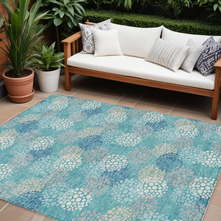 Teal Blue Gray And Ivory Polka Dot Washable Indoor Outdoor Area Rug Photo 1