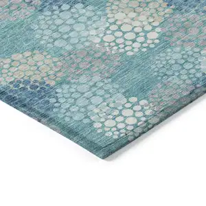Photo of Teal Blue Gray And Ivory Polka Dot Washable Indoor Outdoor Area Rug