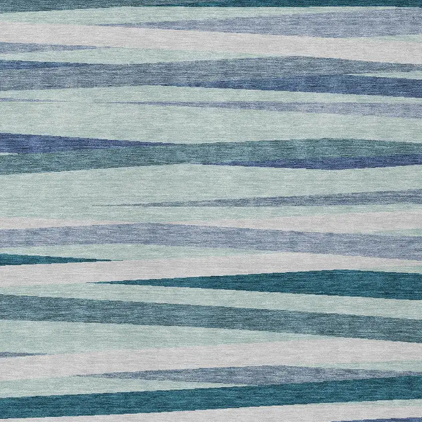 Teal Blue Gray And Ivory Striped Washable Indoor Outdoor Area Rug Photo 5