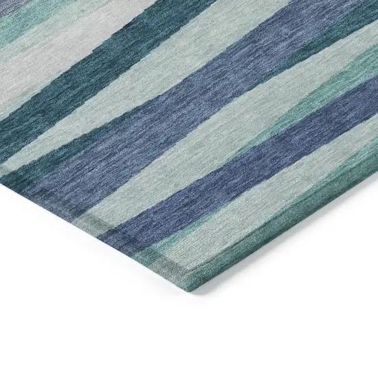 Teal Blue Gray And Ivory Striped Washable Indoor Outdoor Area Rug Photo 4