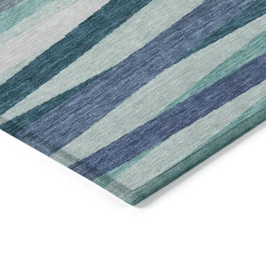 Teal Blue Gray And Ivory Striped Washable Indoor Outdoor Area Rug Photo 4
